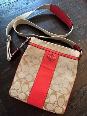 Coach Signature Crossbody Bag in Tan and Coral